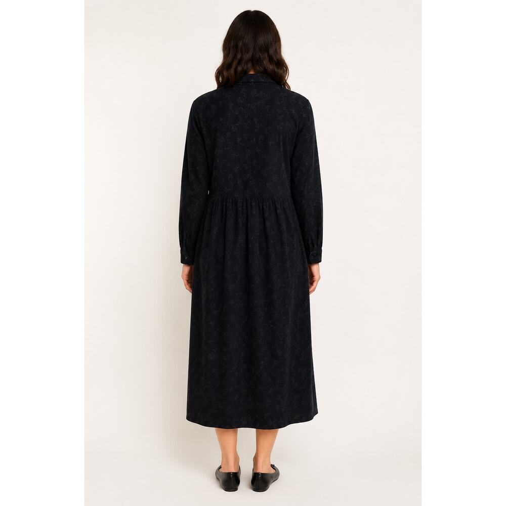 L.L.Bean Black Midi Dress Long Sleeve Button Front Floral Cottagecore Sz 12 - Picture 2 of 5